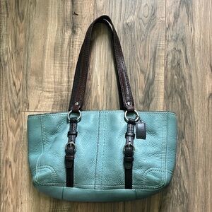 Vintage Chelsea Coach Teal Pebble Leather Shoulder Bag with Dark Brown Straps.
